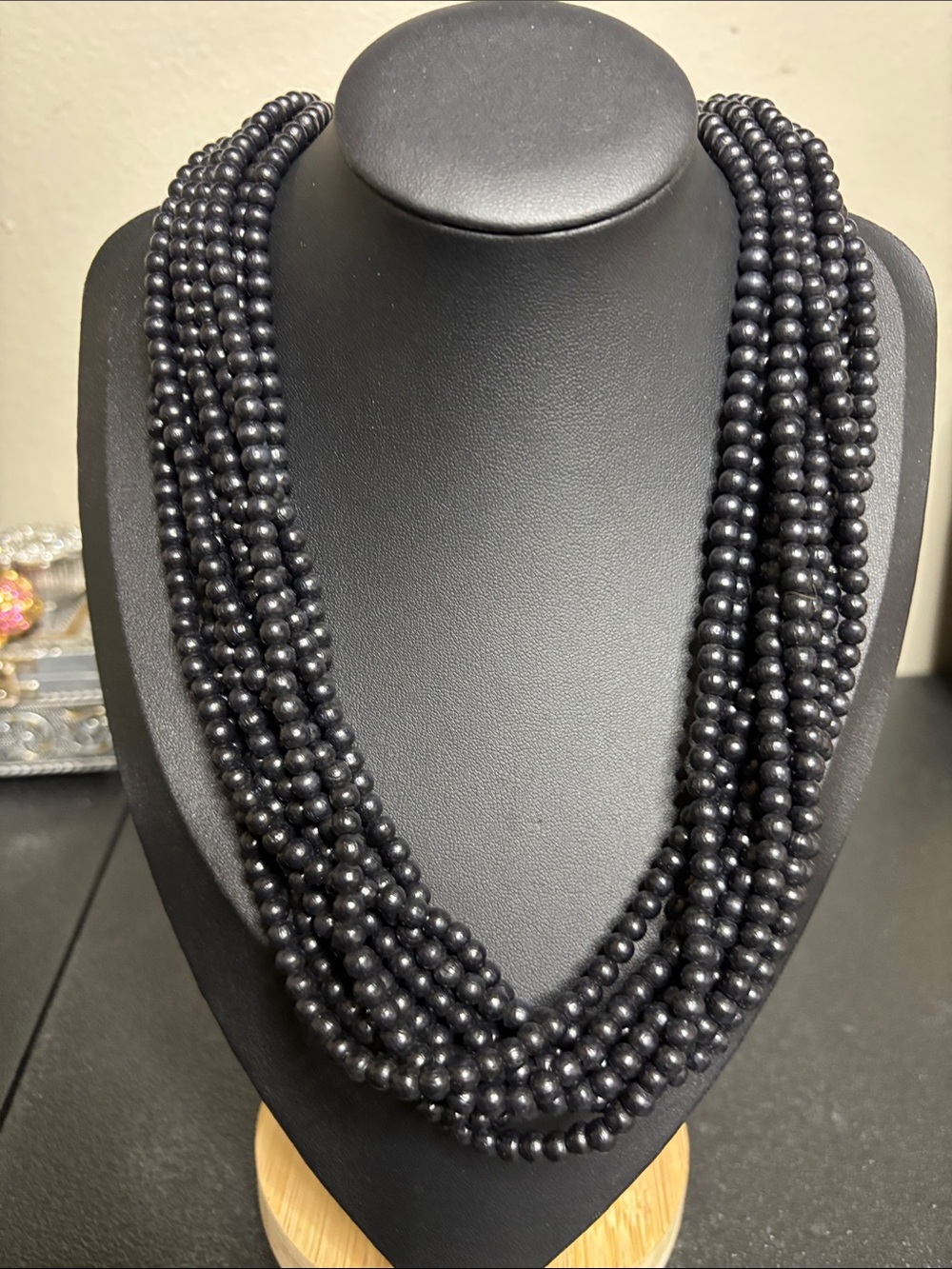 Vintage Layered Black Wood Beaded Necklace - Sophisticated Women's Jewelry